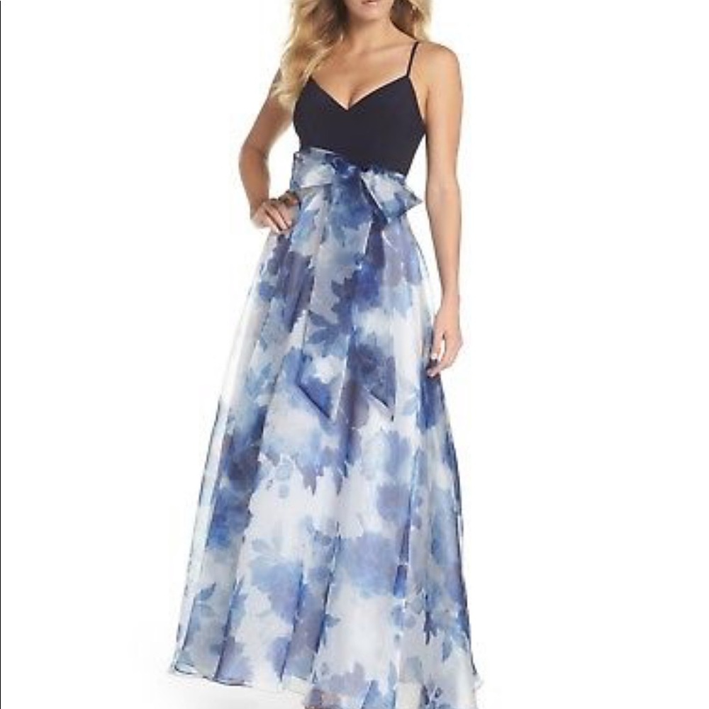 Eliza J Navy Floral Organza Gown